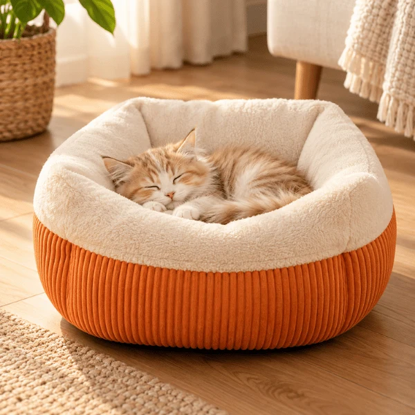 Couffin chaton chaud en fourrure épaisse et velours côtelé - Cordelio™