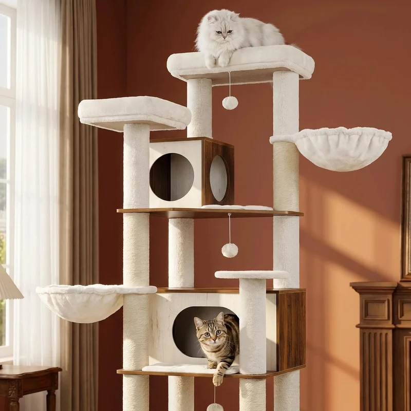 Arbre à Chat Maine Coon Balboa 210 cm | Premium Bois Noyer et Peluche