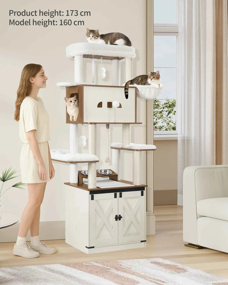 Meuble Arbre à Chat 174 cm | Litière + Gamelles + Griffoir Tout-en-Un