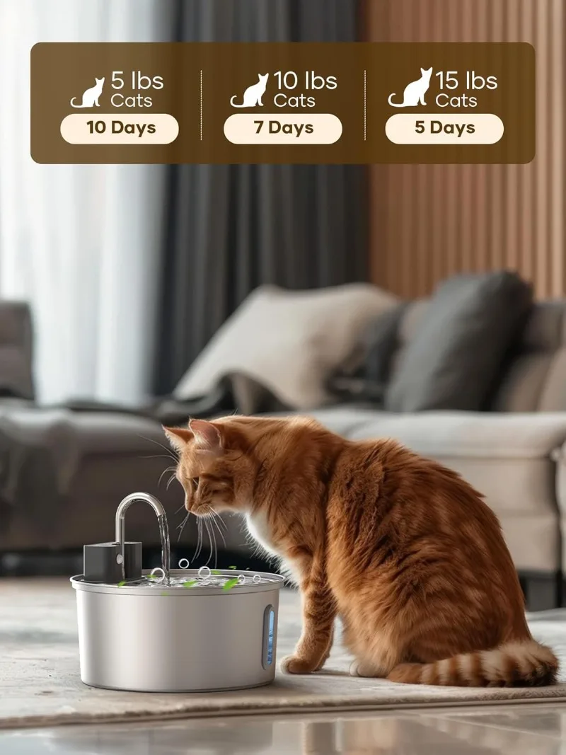 Fontaine d'eau sans fil pour chat en acier inoxydable, 3,2 l, avec batterie 4000mAh
