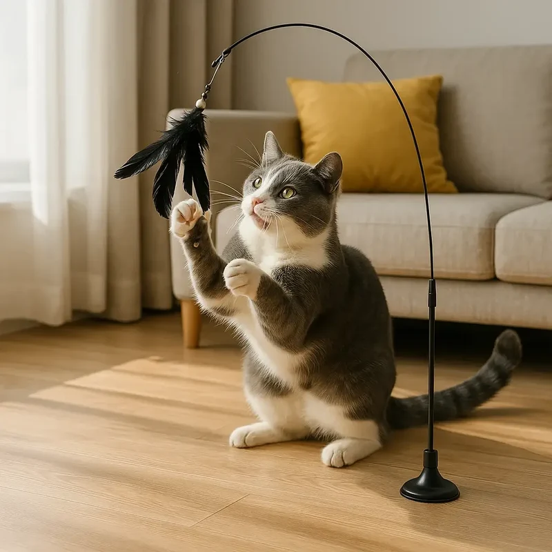 Canne à plumes interactive avec ventouse – Idéale pour chats énergiques, joueurs et d’intérieur