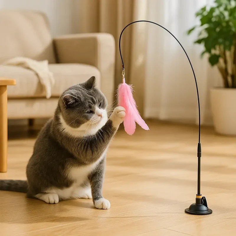 Canne à plumes interactive avec ventouse – Idéale pour chats énergiques, joueurs et d’intérieur