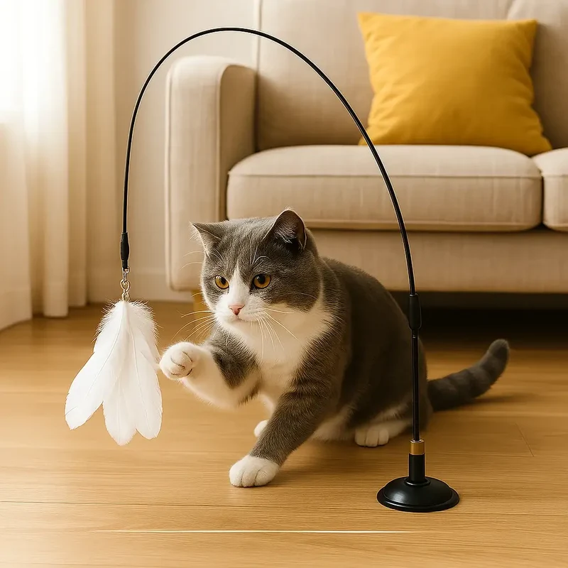 Canne à plumes interactive avec ventouse – Idéale pour chats énergiques, joueurs et d’intérieur