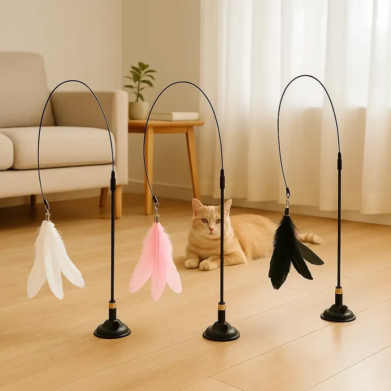 Canne à plumes interactive avec ventouse – Idéale pour chats énergiques, joueurs et d’intérieur