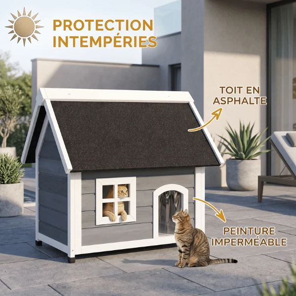 Cabane pour chat extérieur - Toit ouvrant à 3 accès en bois - CatWood™