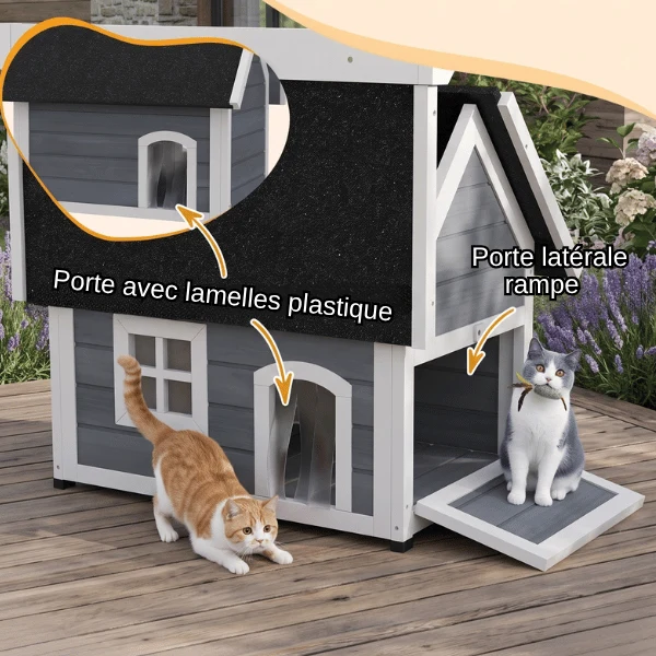 Cabane pour chat extérieur - Toit ouvrant à 3 accès en bois - CatWood™