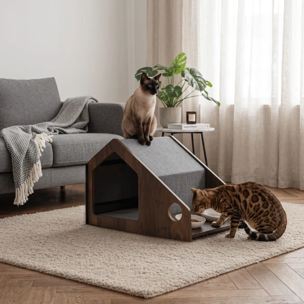 Cabane à chat - Bois avec gamelles céramique et couchage - CozyLodge™