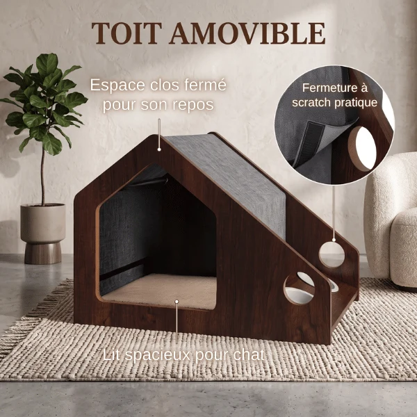 Cabane à chat - Bois avec gamelles céramique et couchage - CozyLodge™