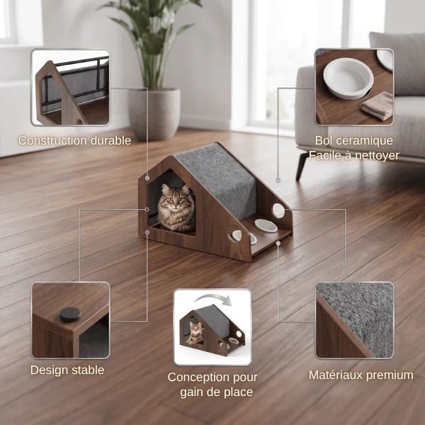 Cabane à chat - Bois avec gamelles céramique et couchage - CozyLodge™