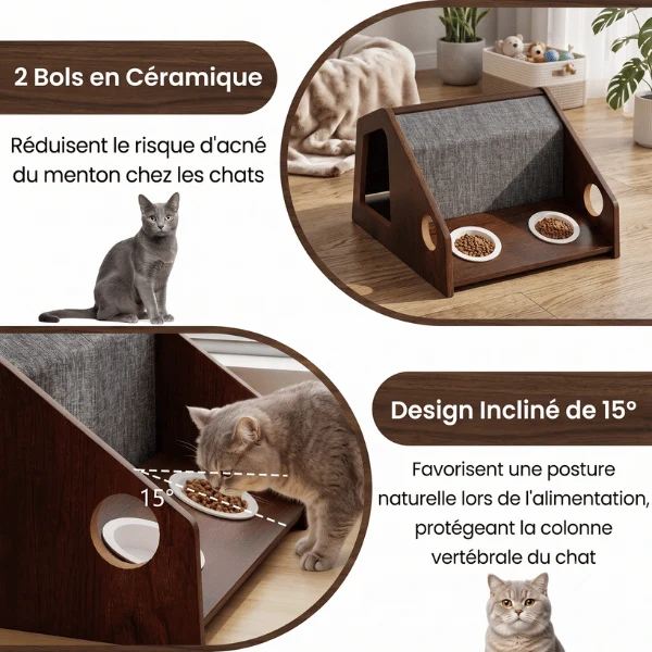 Cabane à chat - Bois avec gamelles céramique et couchage - CozyLodge™
