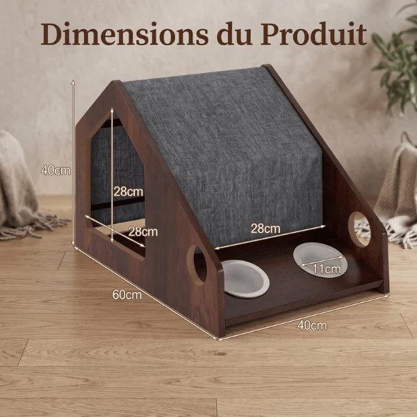 Cabane à chat - Bois avec gamelles céramique et couchage - CozyLodge™
