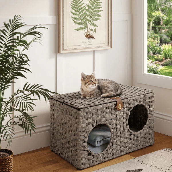Cabane pour Chat - Double entrée en rotin & coussin - NestCube2™