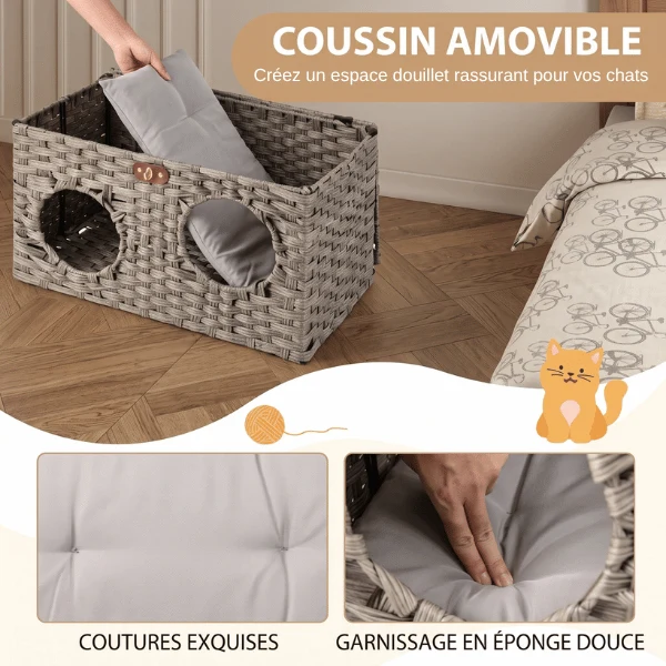Cabane pour Chat - Double entrée en rotin & coussin - NestCube2™