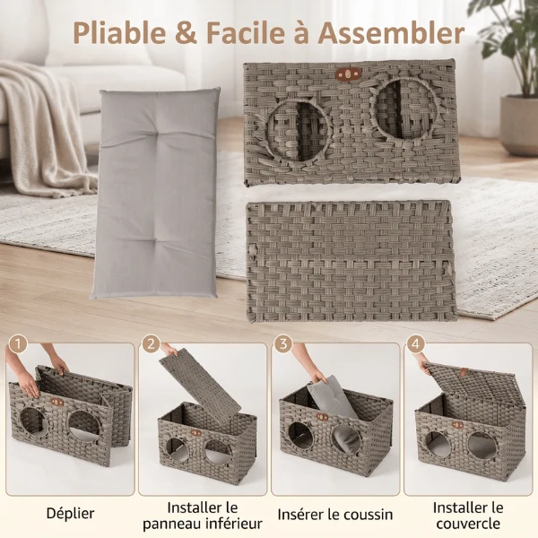 Cabane pour Chat - Double entrée en rotin & coussin - NestCube2™