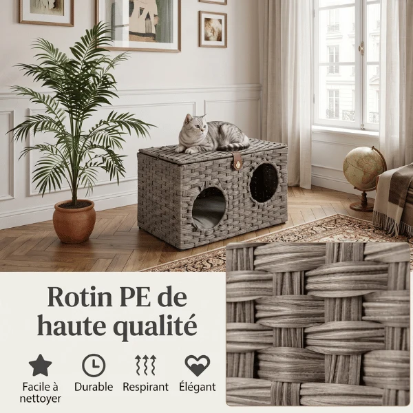 Cabane pour Chat - Double entrée en rotin & coussin - NestCube2™