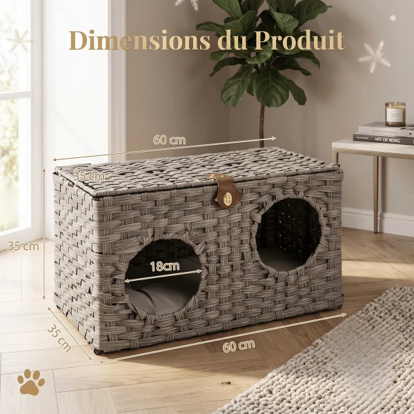 Cabane pour Chat - Double entrée en rotin & coussin - NestCube2™
