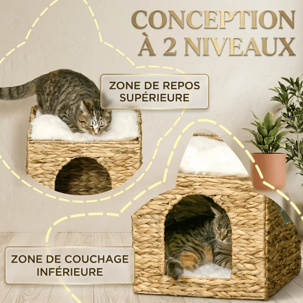 Cabane chat - Osier et coussins ultra doux - WickerNest™