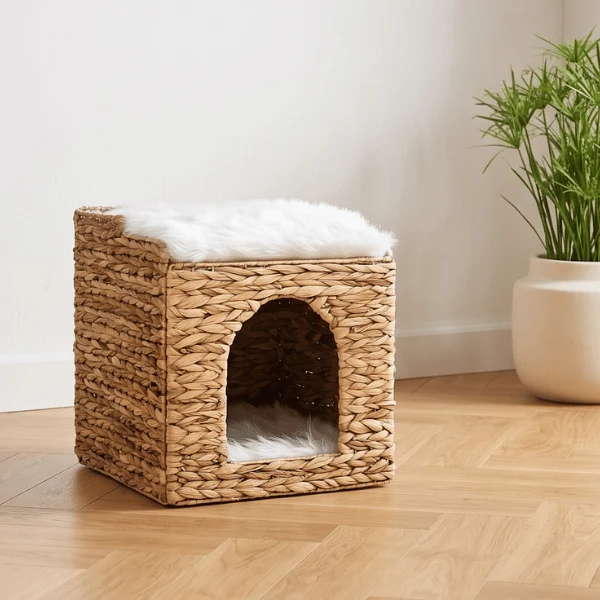 Cabane chat - Osier et coussins ultra doux - WickerNest™