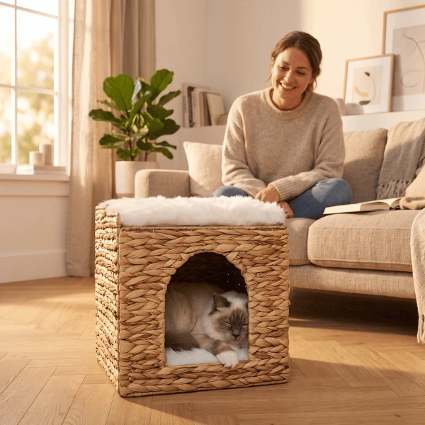 Cabane chat - Osier et coussins ultra doux - WickerNest™