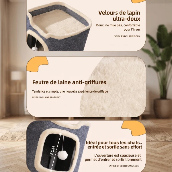 Maisonnette chats - Cachette couchage et griffoir 3 niveaux - LoftCat™