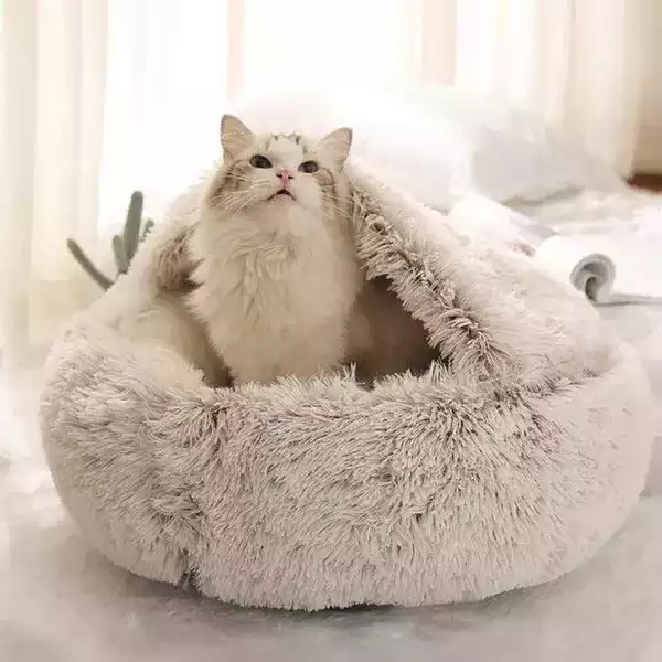Nid Semi-Fermé pour Chat - Coussin Lit en Peluche Doux et Apaisant