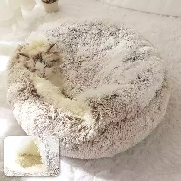 Nid Semi-Fermé pour Chat - Coussin Lit en Peluche Doux et Apaisant