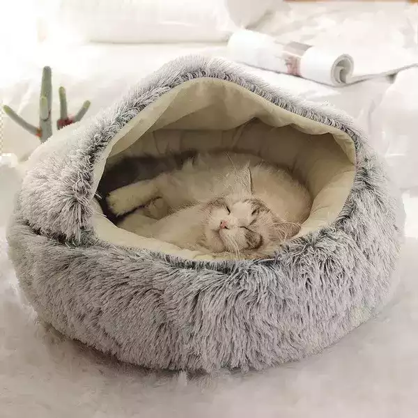 Nid Semi-Fermé pour Chat - Coussin Lit en Peluche Doux et Apaisant