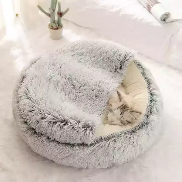 Nid Semi-Fermé pour Chat - Coussin Lit en Peluche Doux et Apaisant