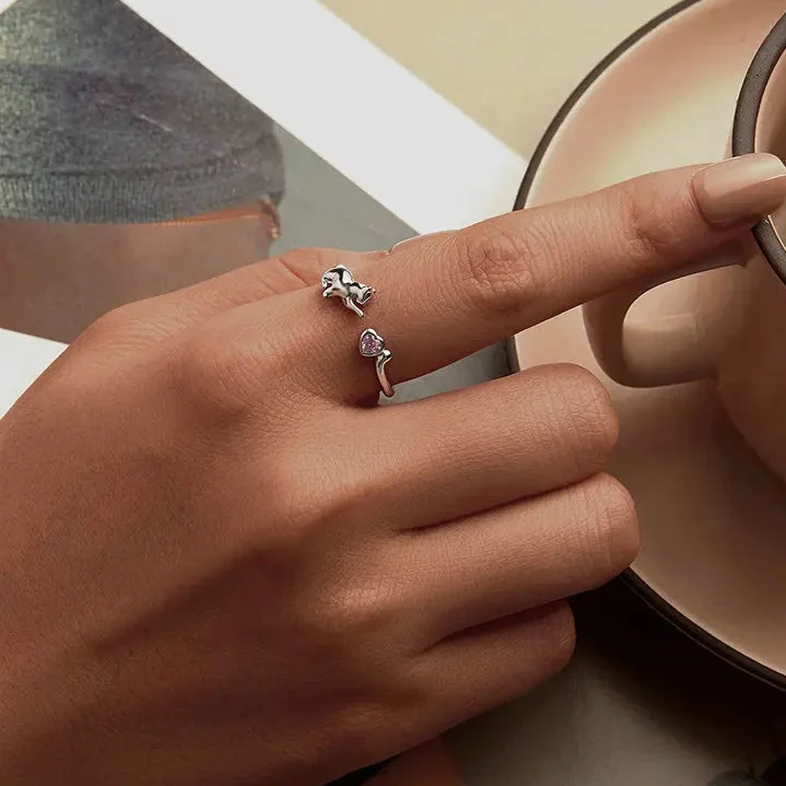 Bague Chat Argent Coeur Rose