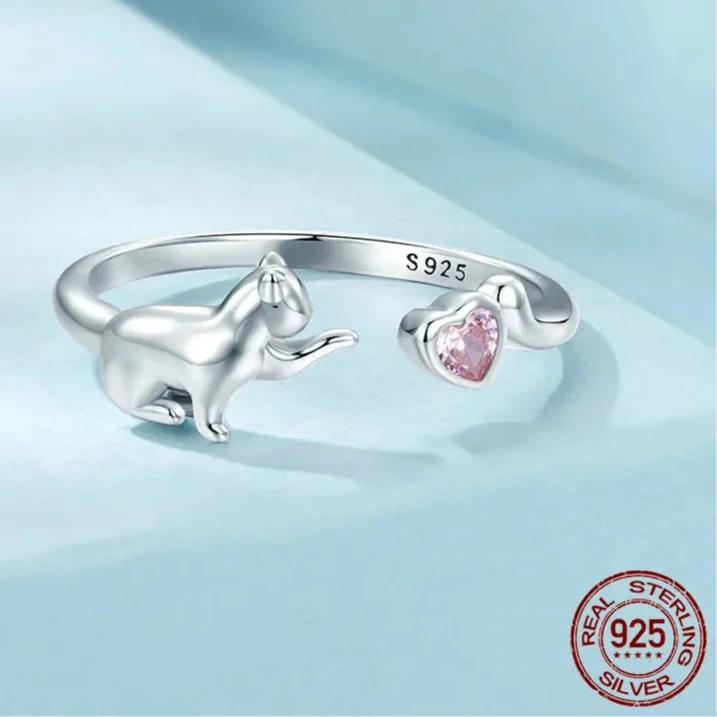 Bague Chat Argent Coeur Rose