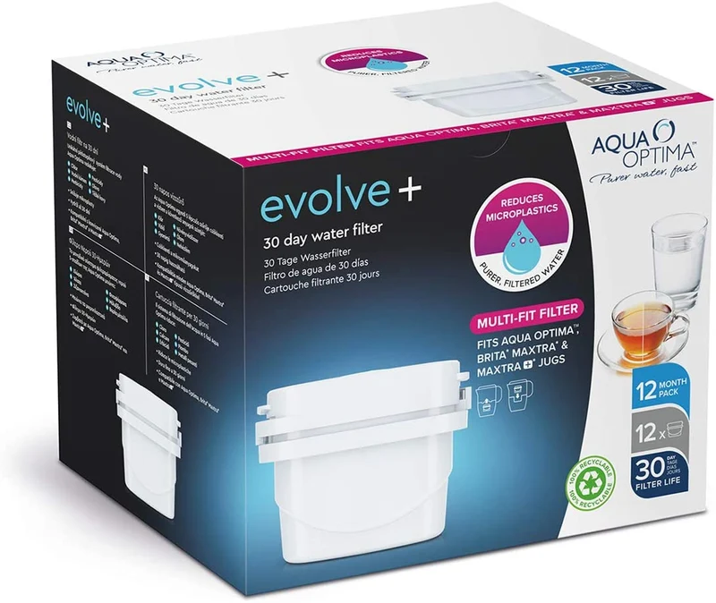 Lot de 12 filtres à eau à vie unique Aqua Optima Evolve+ | 12 x 100 litres | Filtre de rechange Aqua Optima, Brita® Maxtra®, Maxtra+®