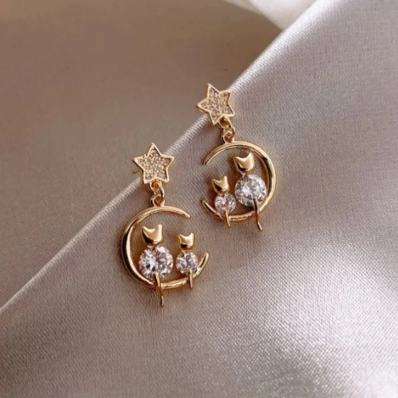 Boucles d'Oreilles Lune Chat Dorées