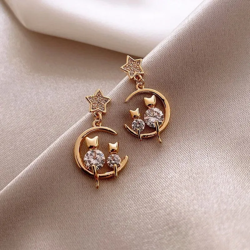 Boucles d'Oreilles Lune Chat Dorées
