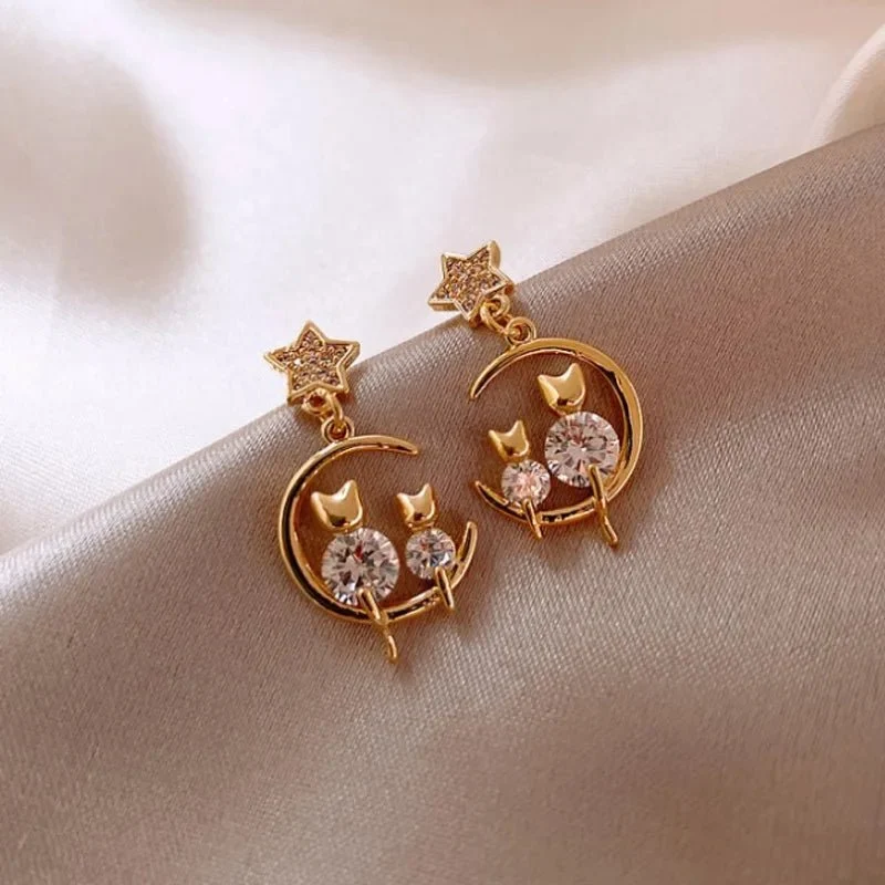 Boucles d'Oreilles Lune Chat Dorées