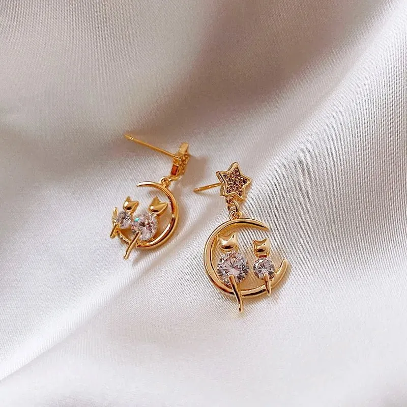 Boucles d'Oreilles Lune Chat Dorées