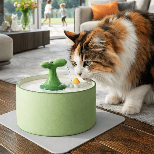 Fontaine à eau chat céramique jet cactus double filtration - OPurr™