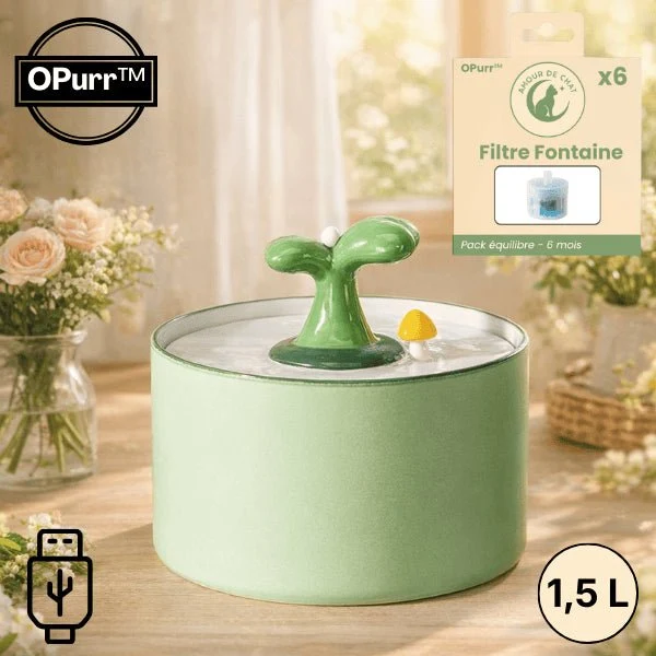 Fontaine à eau chat céramique jet cactus double filtration - OPurr™