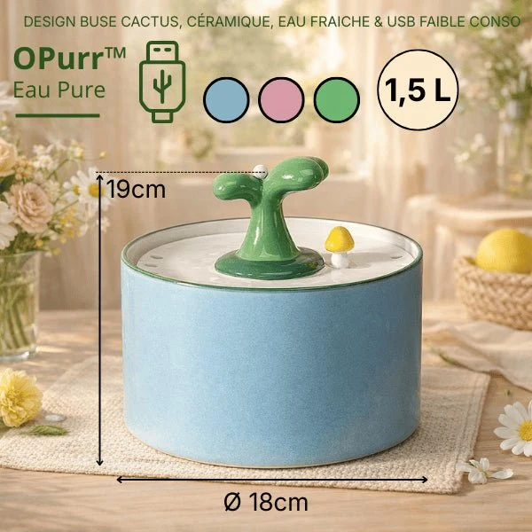 Fontaine à eau chat céramique jet cactus double filtration - OPurr™
