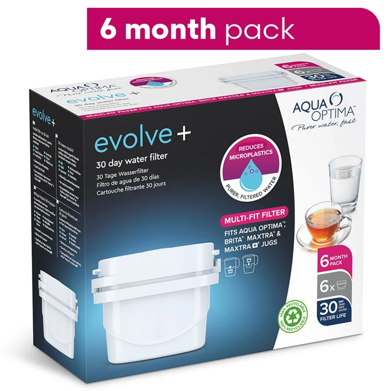 Lot de 6 filtres à eau à vie unique Aqua Optima Evolve+ | 6 x 100 litres | Filtre de rechange Aqua Optima, Brita® Maxtra®, Maxtra+®