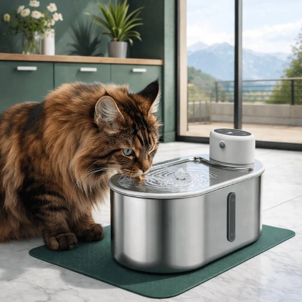 Fontaine à eau chat sans fil inox à source centrale - Onitec™