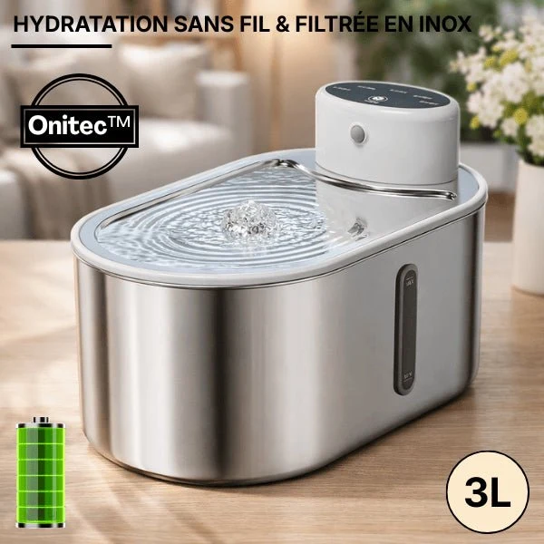 Fontaine à eau chat sans fil inox à source centrale - Onitec™