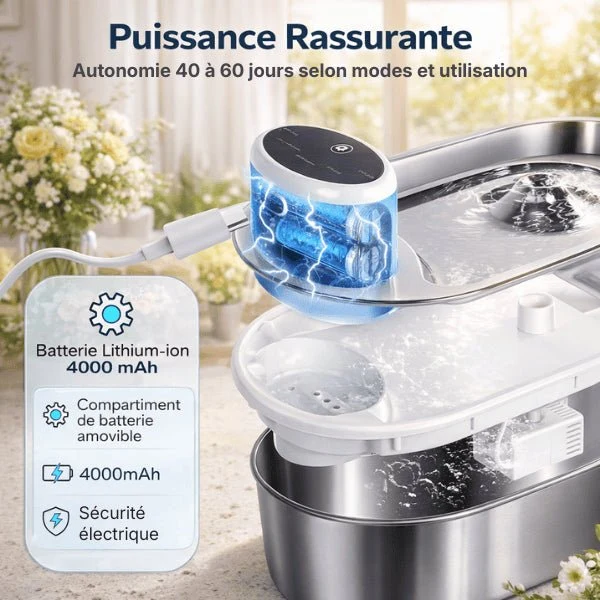 Fontaine à eau chat sans fil inox à source centrale - Onitec™