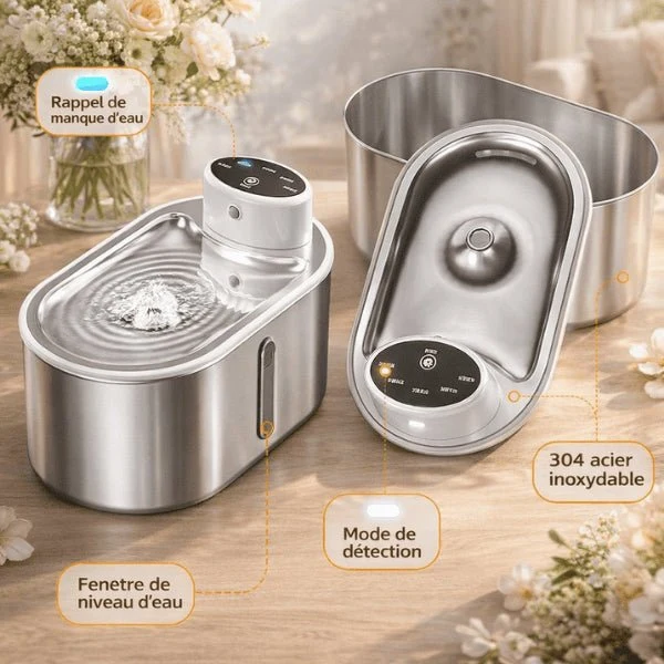 Fontaine à eau chat sans fil inox à source centrale - Onitec™