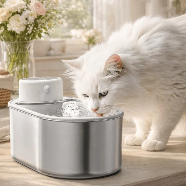 Fontaine à eau chat sans fil inox à source centrale - Onitec™
