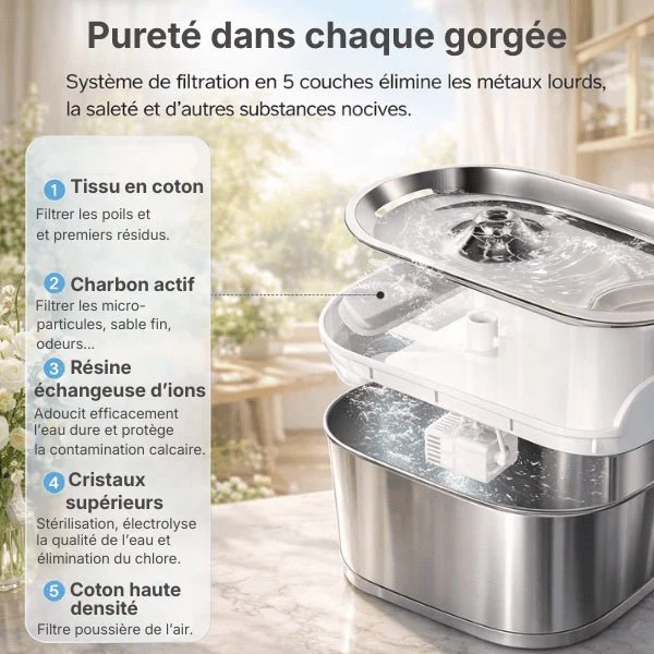 Fontaine à eau chat sans fil inox à source centrale - Onitec™
