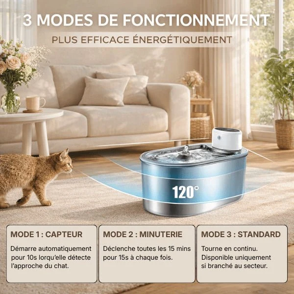 Fontaine à eau chat sans fil inox à source centrale - Onitec™