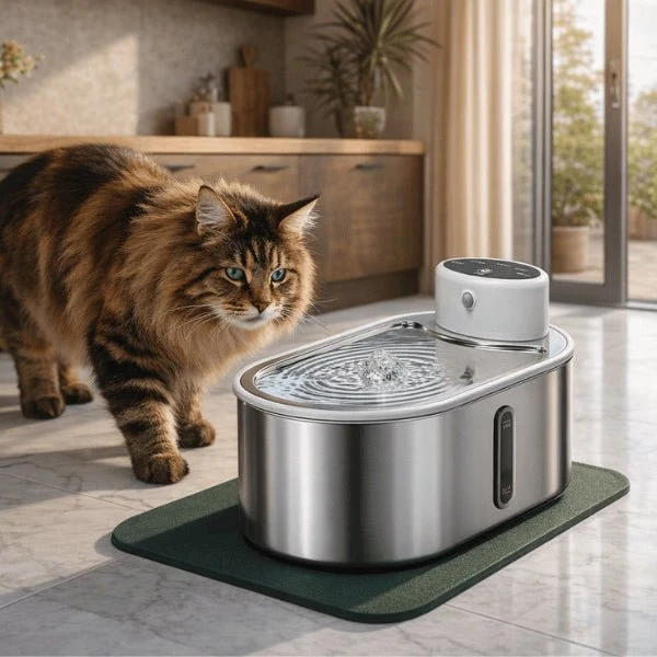 Fontaine à eau chat sans fil inox à source centrale - Onitec™