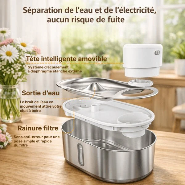 Fontaine à eau chat sans fil inox à source centrale - Onitec™