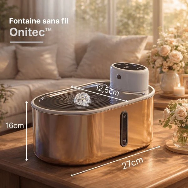 Fontaine à eau chat sans fil inox à source centrale - Onitec™