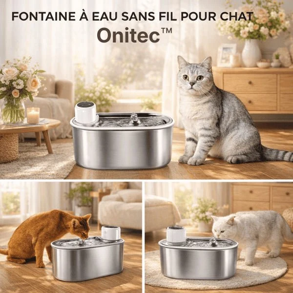 Fontaine à eau chat sans fil inox à source centrale - Onitec™